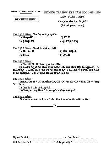 Đề kiểm tra học kỳ I môn Toán Lớp 6 - Năm học 2015-2016 - Phòng GD&ĐT Bình Giang (Có đáp án)