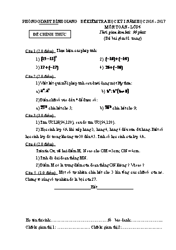 Đề kiểm tra học kỳ I môn Toán Lớp 6 - Năm học 2016-2017 - Phòng GD&ĐT Bình Giang (Có đáp án)