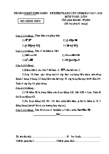 Đề kiểm tra học kỳ I môn Toán Lớp 6 - Năm học 2017-2018 - Phòng GD&ĐT Bình Giang (Kèm hướng dẫn chấm)