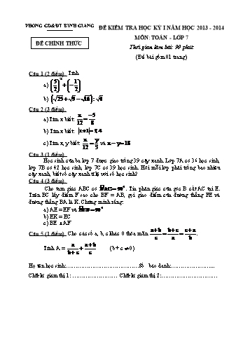 Đề kiểm tra học kỳ I môn Toán Lớp 7 - Năm học 2013-2014 - Phòng GD&ĐT Bình Giang (Có đáp án)