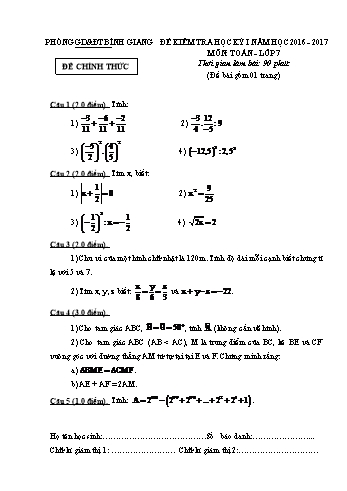 Đề kiểm tra học kỳ I môn Toán Lớp 7 - Năm học 2016-2017 - Phòng GD&ĐT Bình Giang (Có đáp án)