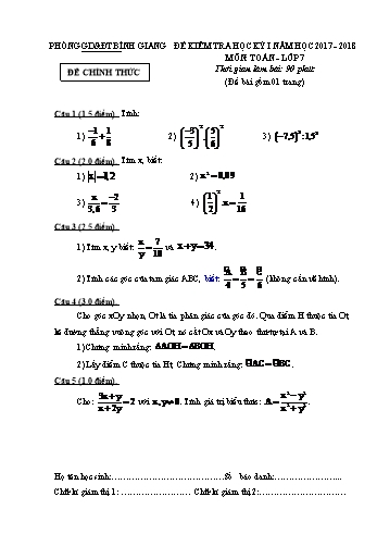 Đề kiểm tra học kỳ I môn Toán Lớp 7 - Năm học 2017-2018 - Phòng GD&ĐT Bình Giang (Kèm hướng dẫn chấm)