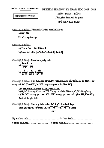 Đề kiểm tra học kỳ I môn Toán Lớp 8 - Năm học 2013-2014 - Phòng GD&ĐT Bình Giang (Có đáp án)