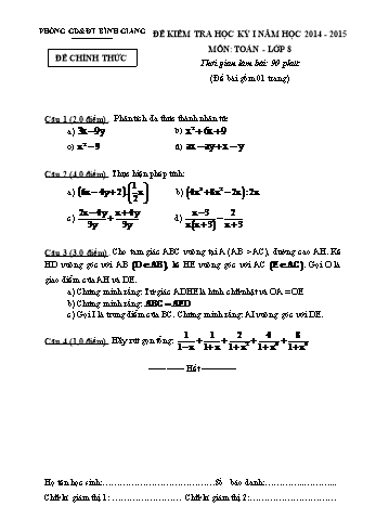 Đề kiểm tra học kỳ I môn Toán Lớp 8 - Năm học 2014-2015 - Phòng GD&ĐT Bình Giang (Có đáp án)