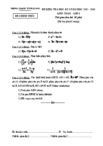 Đề kiểm tra học kỳ I môn Toán Lớp 8 - Năm học 2015-2016 - Phòng GD&ĐT Bình Giang (Có đáp án)