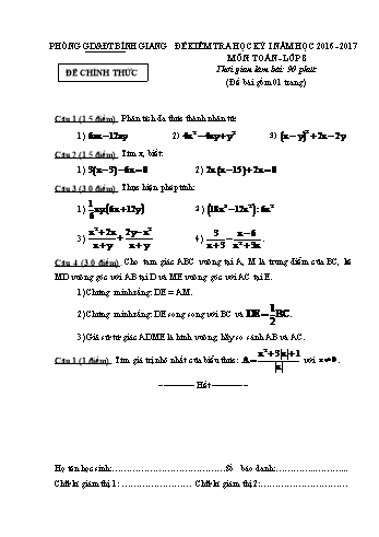 Đề kiểm tra học kỳ I môn Toán Lớp 8 - Năm học 2016-2017 - Phòng GD&ĐT Bình Giang (Có đáp án)