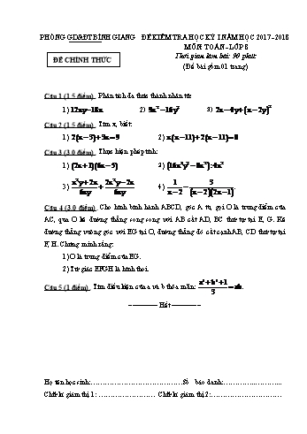 Đề kiểm tra học kỳ I môn Toán Lớp 8 - Năm học 2017-2018 - Phòng GD&ĐT Bình Giang (Kèm hướng dẫn chấm)