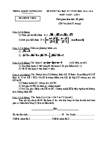 Đề kiểm tra học kỳ I môn Toán Lớp 9 - Năm học 2013-2014 - Phòng GD&ĐT Bình Giang (Có đáp án)