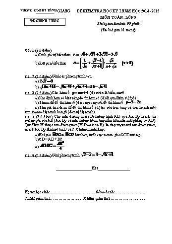 Đề kiểm tra học kỳ I môn Toán Lớp 9 - Năm học 2014-2015 - Phòng GD&ĐT Bình Giang (Có đáp án)
