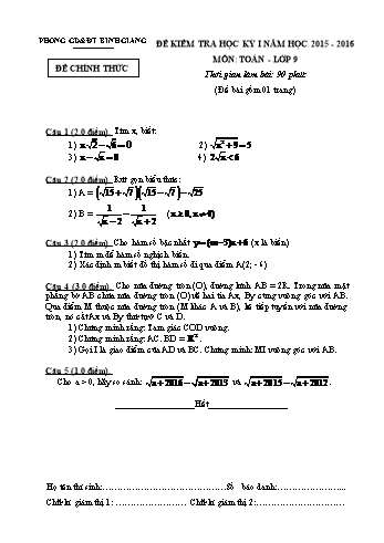 Đề kiểm tra học kỳ I môn Toán Lớp 9 - Năm học 2015-2016 - Phòng GD&ĐT Bình Giang (Có đáp án)
