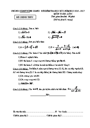 Đề kiểm tra học kỳ I môn Toán Lớp 9 - Năm học 2016-2017 - Phòng GD&ĐT Bình Giang (Có đáp án)