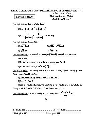 Đề kiểm tra học kỳ I môn Toán Lớp 9 - Năm học 2017-2018 - Phòng GD&ĐT Bình Giang (Kèm hướng dẫn chấm)