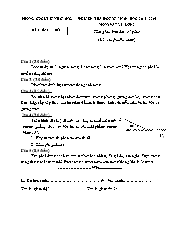 Đề kiểm tra học kỳ I môn Vật lí Lớp 7 - Năm học 2013-2014 - Phòng GD&ĐT Bình Giang (Có đáp án)