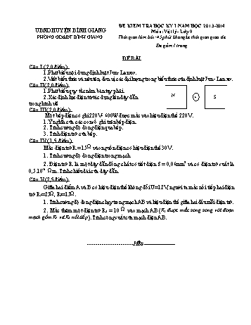 Đề kiểm tra học kỳ I môn Vật lí Lớp 9 - Năm học 2013-2014 - Phòng GD&ĐT Bình Giang (Có đáp án)