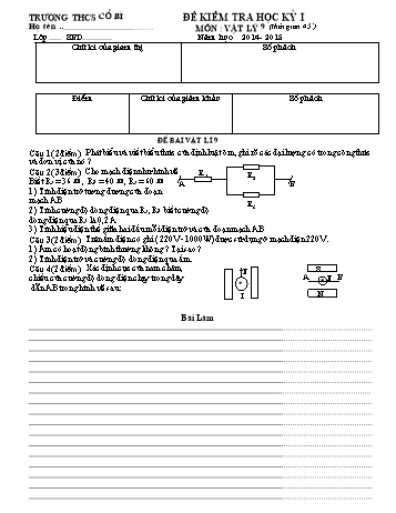 Đề kiểm tra học kỳ I môn Vật lý Lớp 9 - Năm học 2014- 2015 - Trường THCS Cổ Bì (Có đáp án)