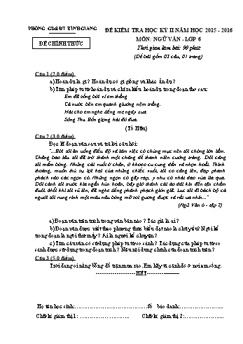 Đề kiểm tra học kỳ II môn Ngữ văn Lớp 6 - Năm học 2015-2016 - Phòng GD&ĐT Bình Giang (Có đáp án)