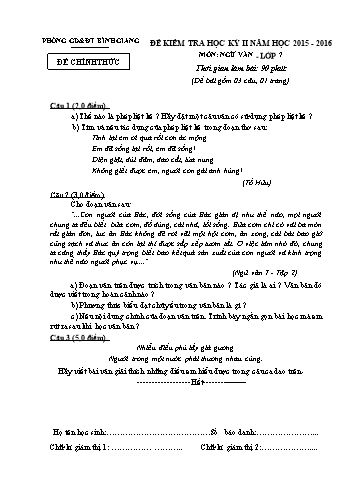 Đề kiểm tra học kỳ II môn Ngữ văn Lớp 7 - Năm học 2015-2016 - Phòng GD&ĐT Bình Giang (Có đáp án)