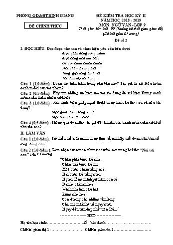 Đề kiểm tra học kỳ II môn Ngữ văn Lớp 9 - Năm học 2018-2019 - Phòng GD&ĐT Bình Giang - Đề số 2 (Có đáp án)