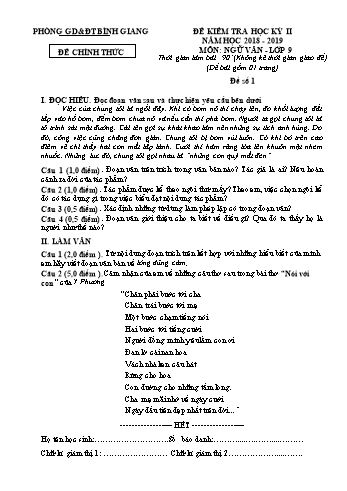 Đề kiểm tra học kỳ II môn Ngữ văn Lớp 9 - Năm học 2018-2019 - Phòng GD&ĐT Bình Giang - Đề số 1 (Có đáp án)