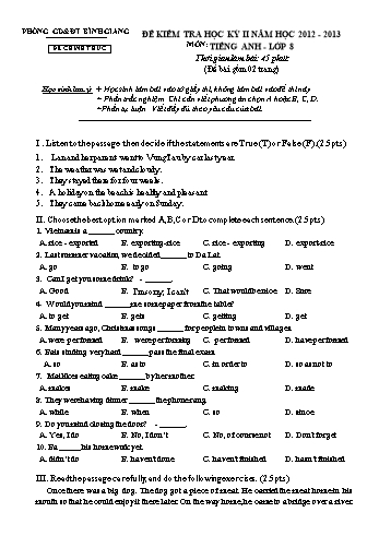 Đề kiểm tra học kỳ II môn Tiếng Anh Lớp 8 - Năm học 2012-2013 - Phòng GD&ĐT Bình Giang (Có đáp án)