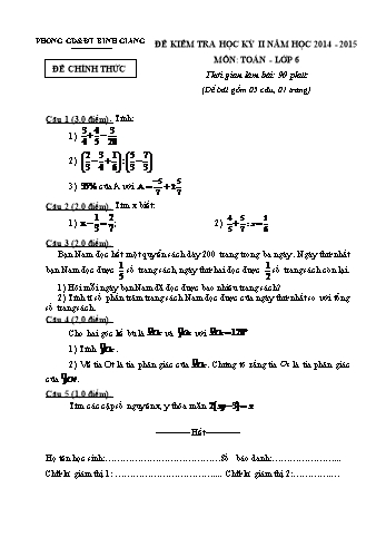 Đề kiểm tra học kỳ II môn Toán Lớp 6 - Năm học 2014-2015 - Phòng GD&ĐT Bình Giang (Có đáp án)