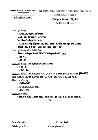 Đề kiểm tra học kỳ II môn Toán Lớp 7 - Năm học 2014-2015 - Phòng GD&ĐT Bình Giang (Có đáp án)