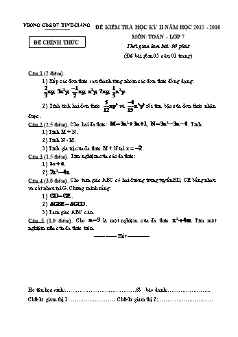 Đề kiểm tra học kỳ II môn Toán Lớp 7 - Năm học 2015-2016 - Phòng GD&ĐT Bình Giang (Có đáp án)