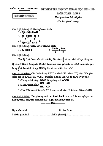 Đề kiểm tra học kỳ II môn Toán Lớp 8 - Năm học 2013-2014 - Phòng GD&ĐT Bình Giang (Có đáp án và biểu điểm)