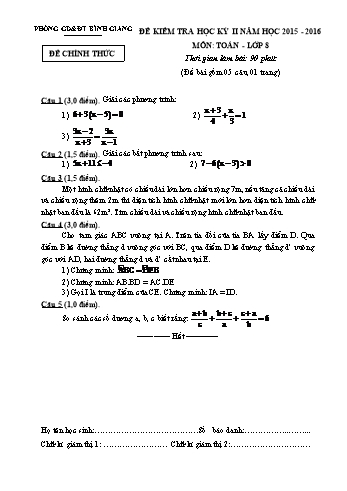 Đề kiểm tra học kỳ II môn Toán Lớp 8 - Năm học 2015-2016 - Phòng GD&ĐT Bình Giang (Có đáp án)