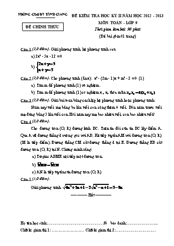 Đề kiểm tra học kỳ II môn Toán Lớp 9 - Năm học 2012-2013 - Phòng GD&ĐT Bình Giang (Có đáp án)