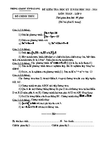 Đề kiểm tra học kỳ II môn Toán Lớp 9 - Năm học 2013-2014 - Phòng GD&ĐT Bình Giang (Có đáp án và biểu điểm)