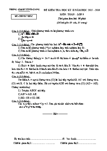 Đề kiểm tra học kỳ II môn Toán Lớp 9 - Năm học 2015-2016 - Phòng GD&ĐT Bình Giang (Có đáp án)