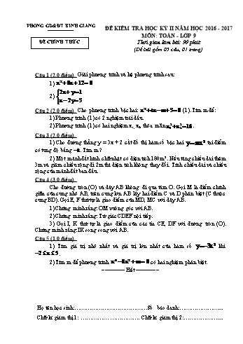 Đề kiểm tra học kỳ II môn Toán Lớp 9 - Năm học 2016-2017 - Phòng GD&ĐT Bình Giang (Có đáp án)