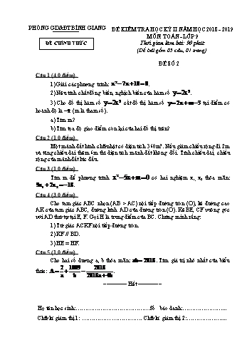 Đề kiểm tra học kỳ II môn Toán Lớp 9 - Năm học 2018-2019 - Phòng GD&ĐT Bình Giang - Đề số 2 (Có đáp án)