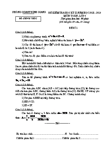 Đề kiểm tra học kỳ II môn Toán Lớp 9 - Năm học 2018-2019 - Phòng GD&ĐT Bình Giang - Đề số 1 (Có đáp án)