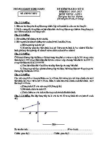 Đề kiểm tra học kỳ II môn Vật lí Lớp 9 - Năm học 2016-2017 - Phòng GD&ĐT Bình Giang (Có đáp án)