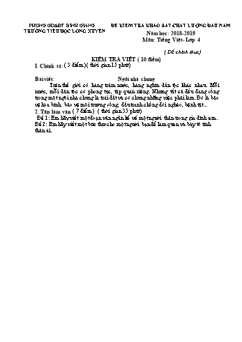 Đề kiểm tra khảo sát chát lượng đầu năm môn Tiếng Việt Lớp 4 - Năm học 2018-2019 - Trường Tiểu học Long Xuyên (Có đáp án)