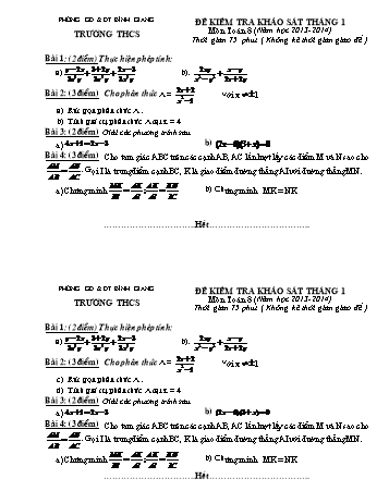Đề kiểm tra khảo sát tháng 1 môn Toán Lớp 8 - Năm học 2013-2014 - Phòng GD&ĐT Bình Giang (Có biểu điểm)