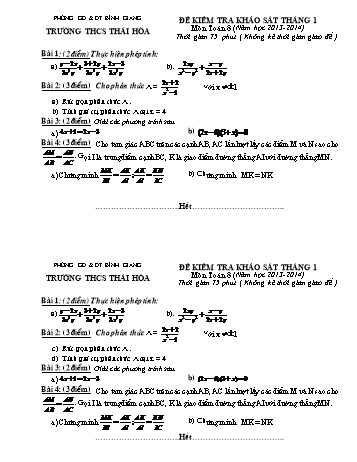 Đề kiểm tra khảo sát tháng 1 môn Toán Lớp 8 - Năm học 2013-2014 - Trường THCS Thái Hòa (Có đáp án)