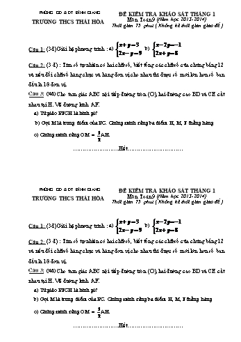 Đề kiểm tra khảo sát tháng 1 môn Toán Lớp 9 - Năm học 2013-2014 - Trường THCS Thái Hòa (Có đáp án)
