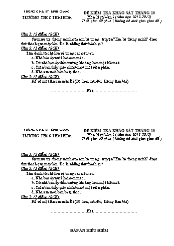 Đề kiểm tra khảo sát tháng 10 môn Ngữ văn Lớp 6, 7, 8, 9 - Năm học 2012-2013 - Trường THCS Thái Hòa (Có đáp án)
