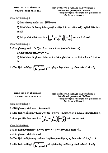 Đề kiểm tra khảo sát tháng 4 môn Toán Lớp 9 - Năm học 2013-2014 - Trường THCS Thái Hòa (Có đáp án)