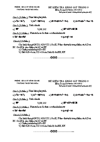 Đề kiểm tra khảo sát tháng 9 môn Toán Lớp 8 - Năm học 2012-2013 - Trường THCS Thái Hòa (Có đáp án)