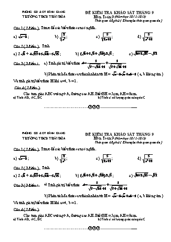 Đề kiểm tra khảo sát tháng 9 môn Toán Lớp 9 - Năm học 2012-2013 - Trường THCS Thái Hòa (Có đáp án)