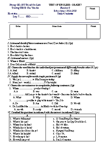 Đề kiểm tra số 3 môn Tiếng Anh Lớp 7 - Năm học 2014-2015 - Trường THCS Chu Văn An