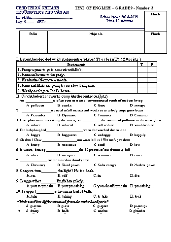 Đề kiểm tra số 3 môn Tiếng Anh Lớp 9 - Năm học 2014-2015 - Trường THCS Chu Văn An (Có đáp án)