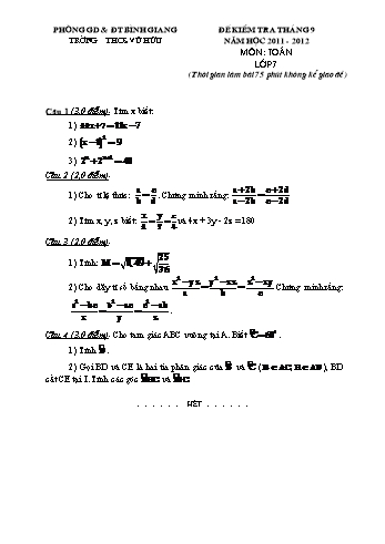 Đề kiểm tra tháng 10 môn Toán Lớp 7 - Năm học 2011-2012 - Trường THCS Vũ Hữu