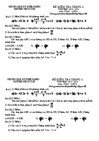 Đề kiểm tra tháng 4 môn Toán Lớp 8 - Năm học 2012-2013 - Trường THCS Cổ Bì