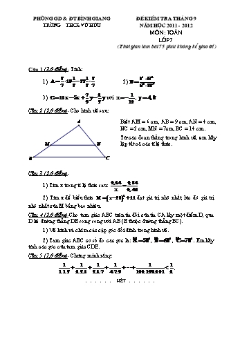 Đề kiểm tra tháng 9 môn Toán Lớp 7 - Năm học 2011-2012 - Trường THCS Vũ Hữu