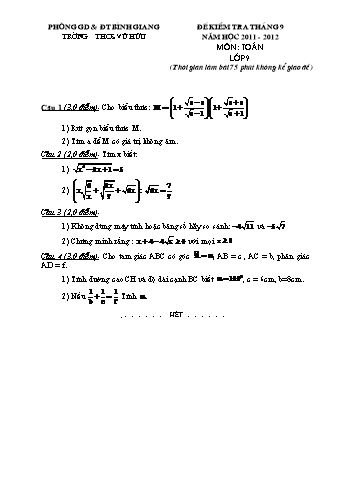 Đề kiểm tra tháng 9 môn Toán Lớp 9 - Năm học 2011-2012 - Trường THCS Vũ Hữu